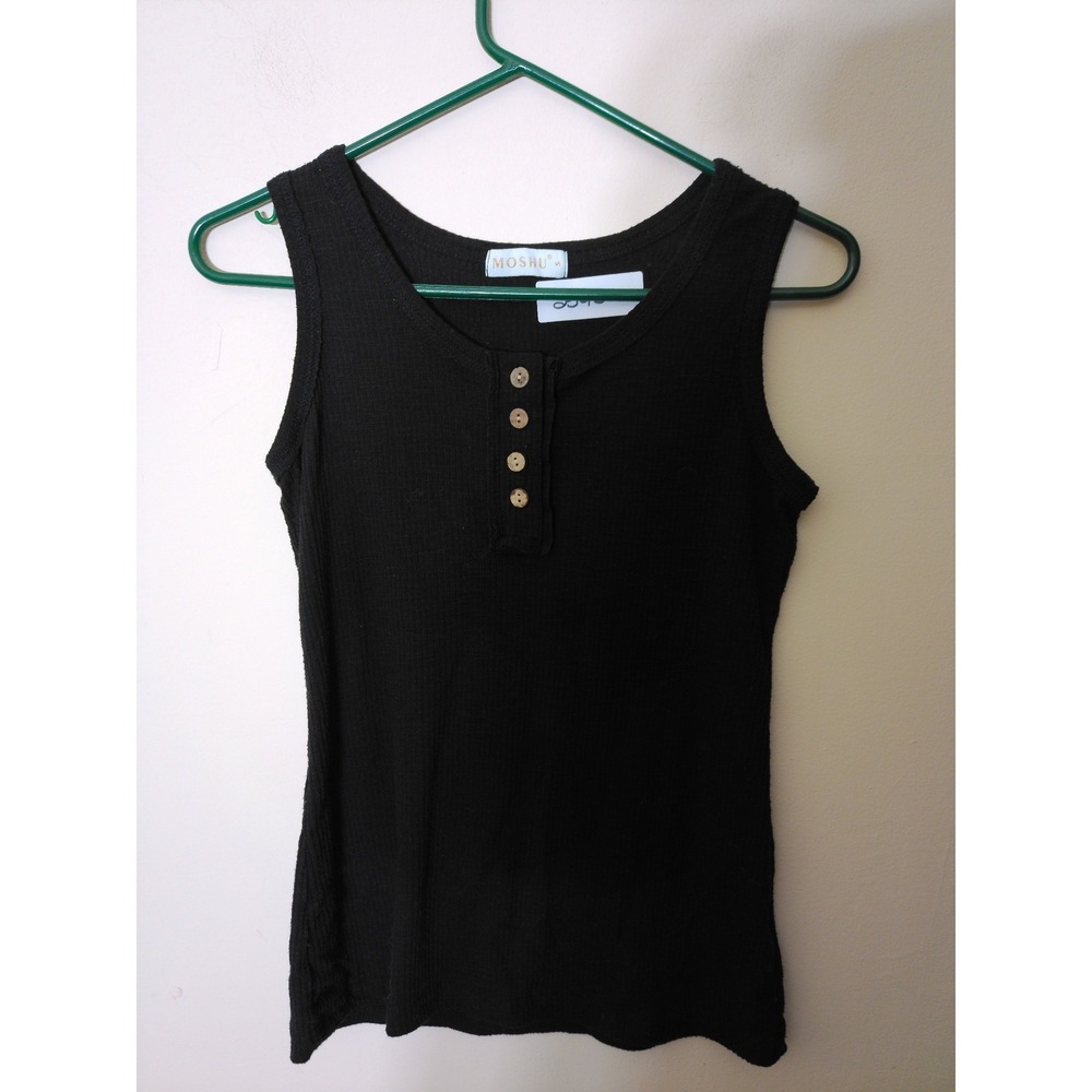 Moshu Henley Tank Top Women Small Black Ribbed Wood Button Coastal Casual